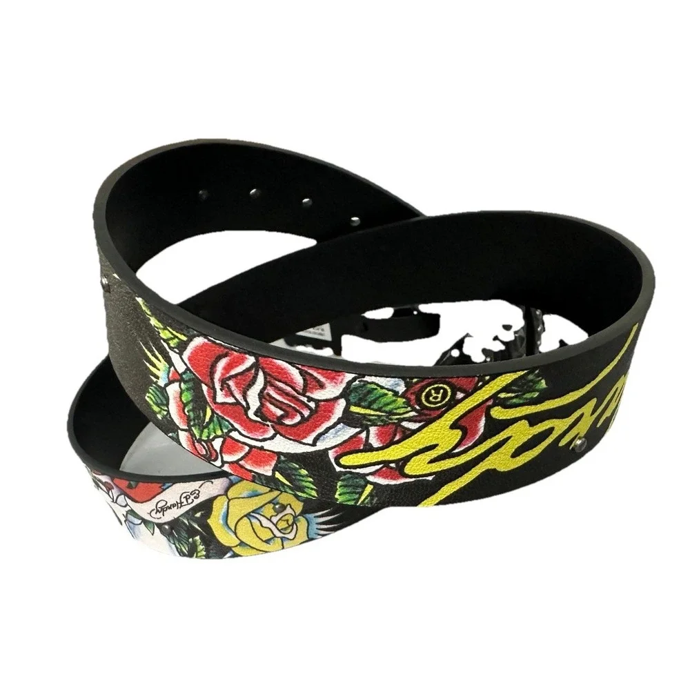 Ed Hardy Men's Skull Rose Print‎ Black Belt With Rivet Studs Size 38 New